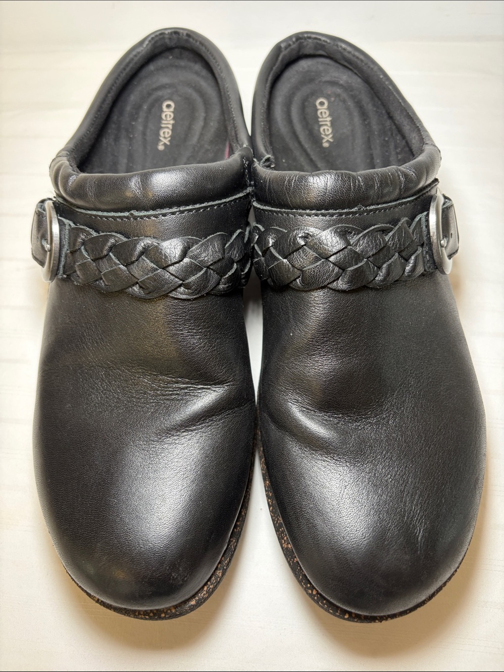 Aetrex Libby Black Clogs DM200 leather slip on mules women’s size 10